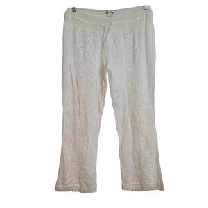 Cute Options White Cotton Gauze Eyelet Lace Smocked Waist Boho Pants Large Beach